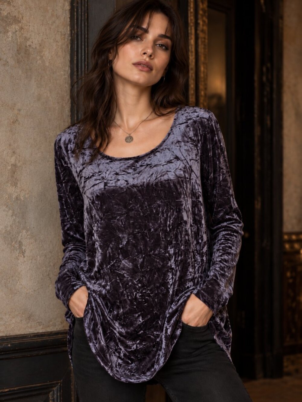 Whimsygoth Crushed Velvet Tunic Top Dark Romantic Long Sleeve L Karen Kane